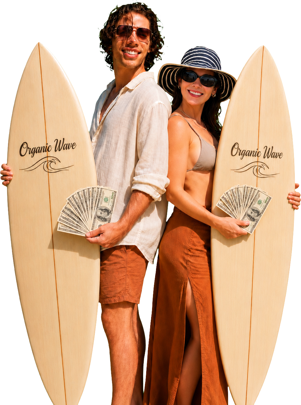 Os fundadores da Organic Wave segurando pranchas da marca